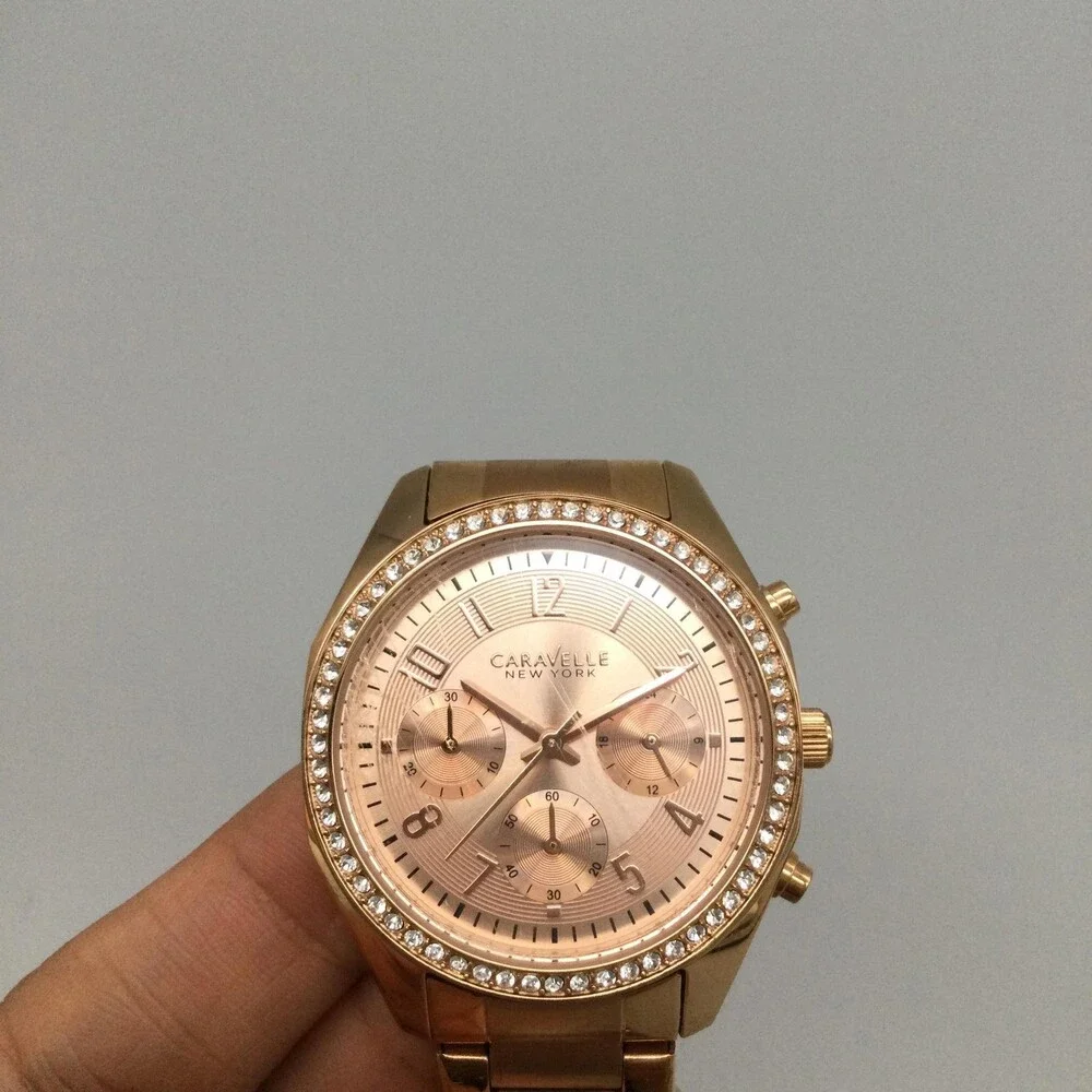 Caravelle New York Womens Watch 36mm Rose Gold Tone Crystals New Battery 6.5